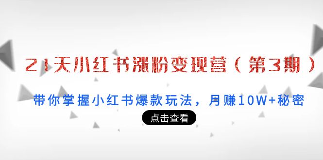 【副业项目4158期】21天小红书涨粉变现营（第3期）：带你掌握小红书爆款玩法，月赚10W+秘密-聚英社副业网