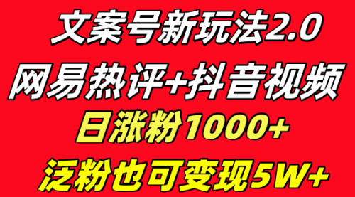 【副业项目8628期】文案号新玩法 网易热评+抖音文案 一天涨粉1000+-聚英社副业网